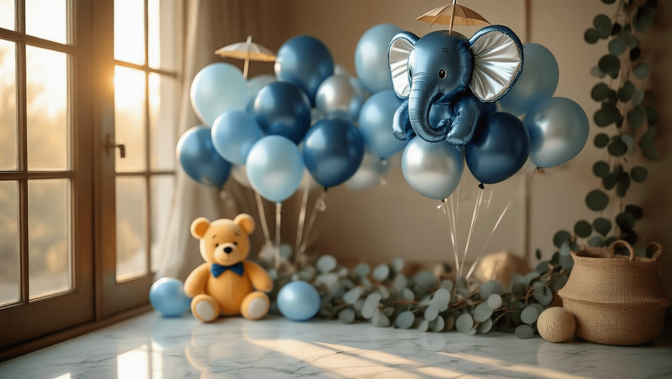 Cinematic close-up of a baby boy balloon arrangement with navy blue and silver elephant balloons, pastel blue latex balloons, and eucalyptus garlands, set in a cozy nursery with warm golden hour lighting and soft shadows.