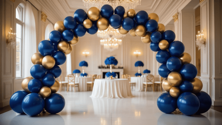 Elegant navy blue and gold balloon arch in a sophisticated ballroom, featuring varied sizes of glossy latex balloons and metallic foil accents, highlighted by soft ambient lighting and luxurious decor.