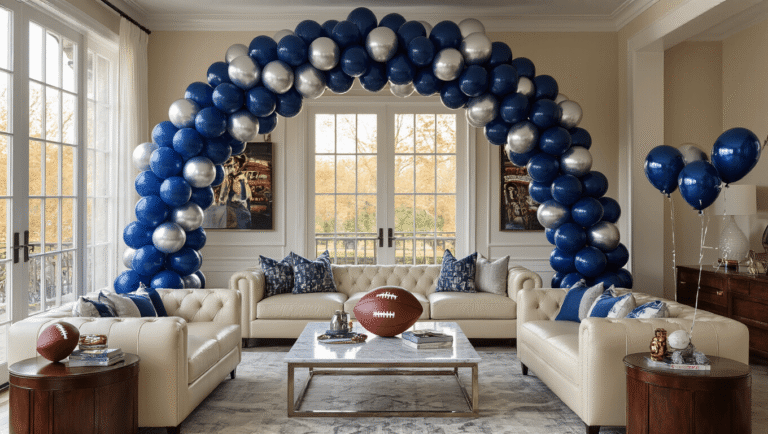 Elegant Super Bowl party setup in a living room featuring a navy blue and silver balloon arch, chrome-weighted football balloons, a marble food table, cream leather sectional seating, and warm golden hour lighting.