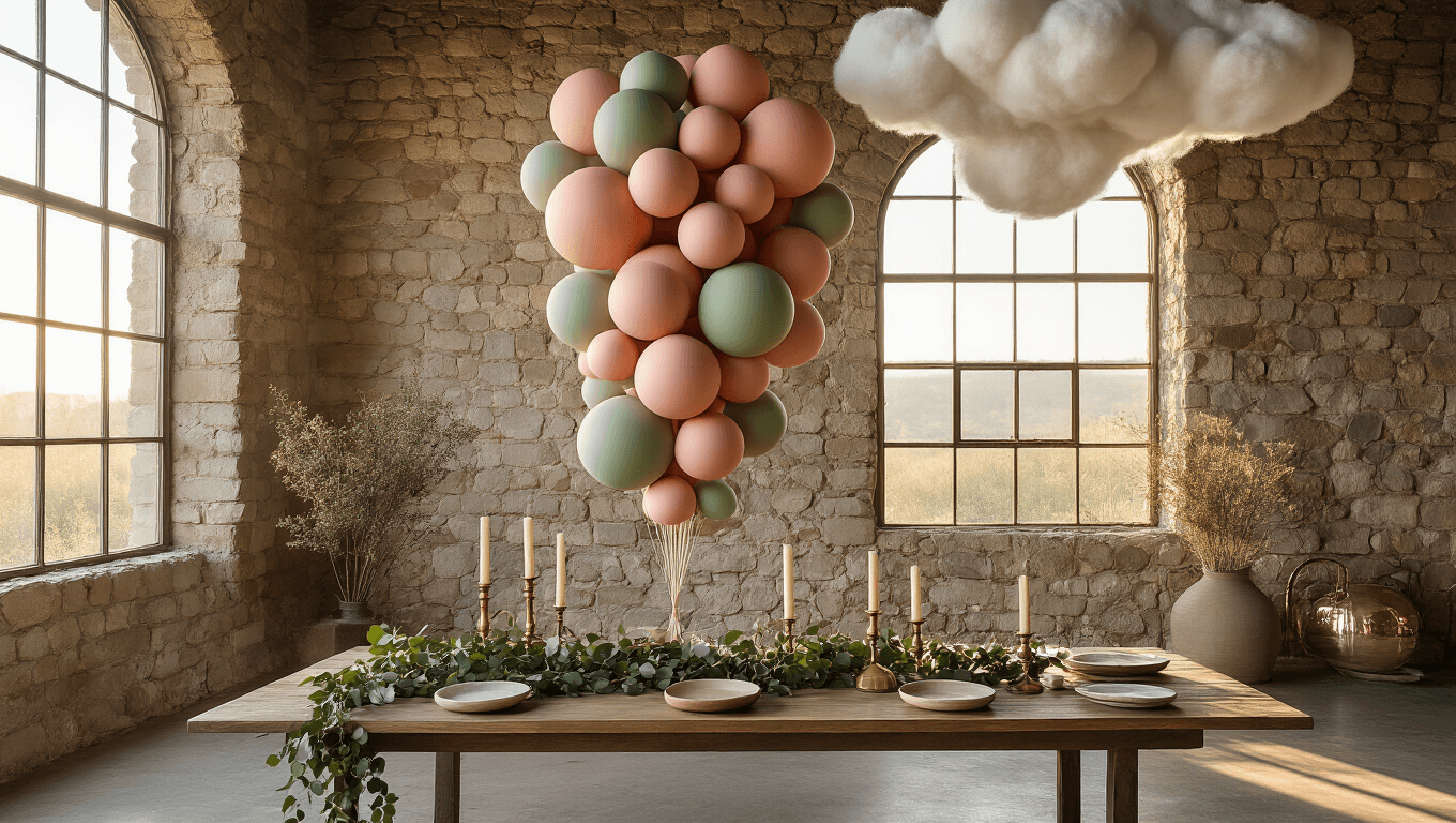 Cinematic wide-angle view of a spiraling organic balloon installation in terracotta, sage green, and dusty rose colors, illuminated by golden hour sunlight, with rustic wooden table settings and a sculptural cloud formation overhead.