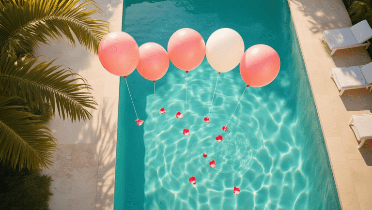 Cinematic overhead shot of a turquoise backyard pool at golden hour with oversized blush pink, coral, and white balloons floating on the water, surrounded by lush landscaping and white outdoor furniture.