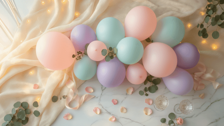 Cinematic overhead view of a dreamy pastel balloon arrangement in soft blush pink, powder blue, and lavender on a white marble surface, with eucalyptus sprigs, rose petals, and silk ribbon, all illuminated by warm golden hour light.