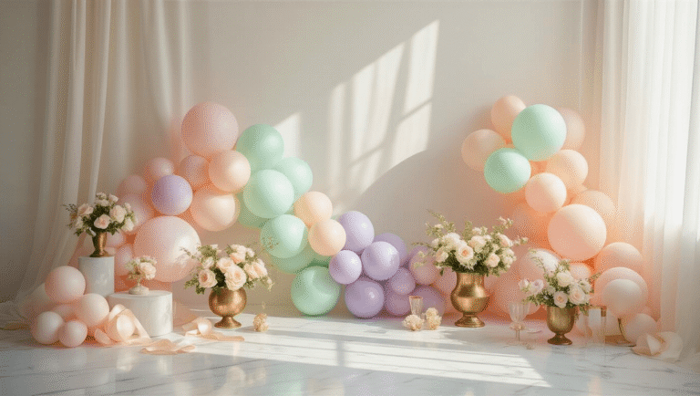 Cinematic wide-angle shot of an elegant party setup with pastel balloons in various soft colors, delicate floral arrangements, and warm lighting, all set against a clean white background.