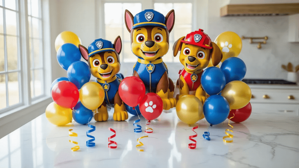 Cinematic overhead shot of a marble kitchen countertop adorned with elegant Paw Patrol balloon arrangement, featuring jumbo Chase and Marshall foil balloons alongside navy blue, crimson red, and golden yellow latex balloons, accented with white paw print latex balloons, all under soft morning light.