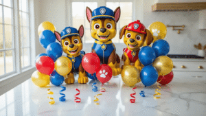 Cinematic overhead shot of a marble kitchen countertop adorned with elegant Paw Patrol balloon arrangement, featuring jumbo Chase and Marshall foil balloons alongside navy blue, crimson red, and golden yellow latex balloons, accented with white paw print latex balloons, all under soft morning light.