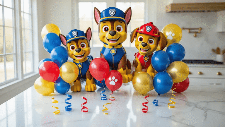 Cinematic overhead shot of a marble kitchen countertop adorned with elegant Paw Patrol balloon arrangement, featuring jumbo Chase and Marshall foil balloons alongside navy blue, crimson red, and golden yellow latex balloons, accented with white paw print latex balloons, all under soft morning light.