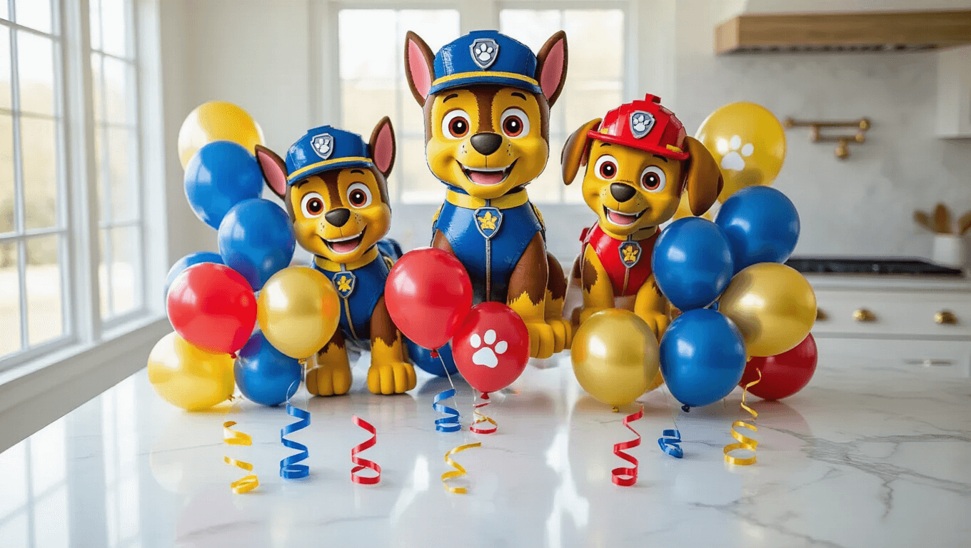 Cinematic overhead shot of a marble kitchen countertop adorned with elegant Paw Patrol balloon arrangement, featuring jumbo Chase and Marshall foil balloons alongside navy blue, crimson red, and golden yellow latex balloons, accented with white paw print latex balloons, all under soft morning light.