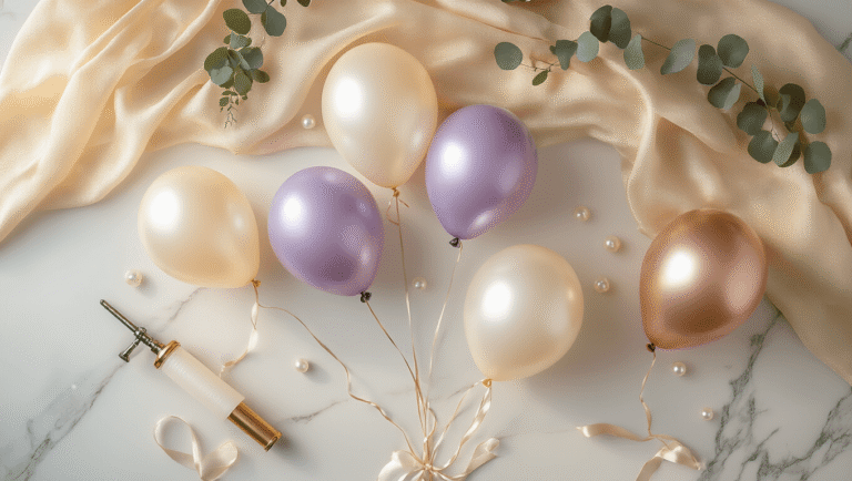 Cinematic overhead view of elegant pearl balloons in cream, lavender, and rose gold on a white marble surface, enhanced by soft golden hour lighting, balloon pump, silk ribbon curls, and eucalyptus sprigs, creating a warm and inviting atmosphere.