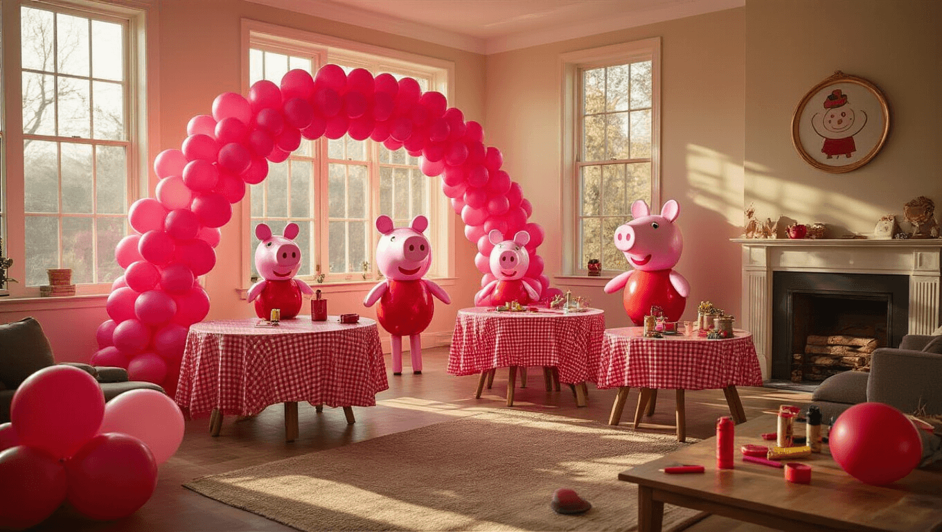 Cinematic view of a festive living room decorated for a Peppa Pig-themed balloon party, featuring vibrant pink and red balloons, gingham tablecloths, balloon sculptures, and warm golden hour lighting creating a cozy atmosphere.