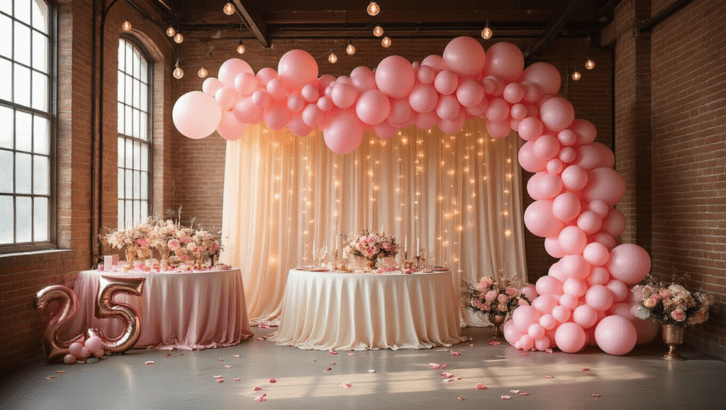 Cinematic wide shot of an elegant party setup with cascading pink balloon garland, rose gold accents, and soft golden hour lighting in a luxurious ballroom.