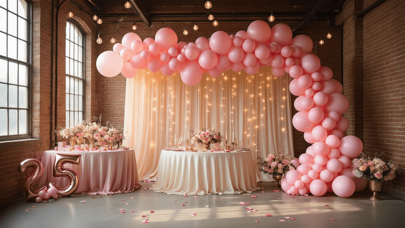 Cinematic wide shot of an elegant party setup with cascading pink balloon garland, rose gold accents, and soft golden hour lighting in a luxurious ballroom.