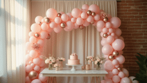 Elegant party setup with a cascading pink balloon garland, metallic foil accents, and cream balloons draping over a marble dessert table, softly lit by golden hour light filtering through sheer curtains, creating an inviting atmosphere with delicate floral accents and warm uplighting against exposed brick walls.