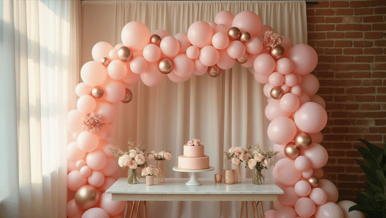 Elegant party setup with a cascading pink balloon garland, metallic foil accents, and cream balloons draping over a marble dessert table, softly lit by golden hour light filtering through sheer curtains, creating an inviting atmosphere with delicate floral accents and warm uplighting against exposed brick walls.