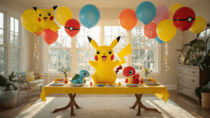 Cinematic wide-angle shot of a sunlit living room filled with vibrant Pokémon-themed mylar balloons, including Pikachu, Charmander, Squirtle, and Bulbasaur, along with glossy Pokéball balloons and colorful ribbons, set up with a modern party table and a life-sized Pikachu centerpiece, creating a magical childhood wonderland atmosphere.