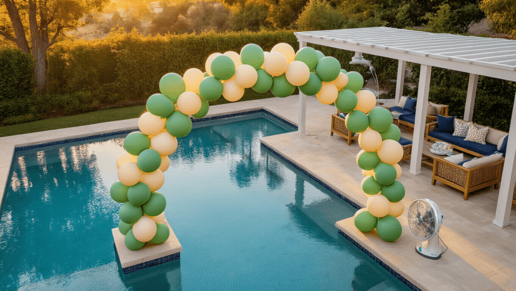 Cinematic overhead shot of an elegant poolside balloon installation at golden hour, featuring a sage green and cream balloon arch, weighted stands, teak furniture with navy cushions, and a white pergola, all set safely away from a crystal blue infinity pool, with warm ambient lighting and lush landscaping.