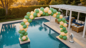 Cinematic overhead shot of an elegant poolside balloon installation at golden hour, featuring a sage green and cream balloon arch, weighted stands, teak furniture with navy cushions, and a white pergola, all set safely away from a crystal blue infinity pool, with warm ambient lighting and lush landscaping.
