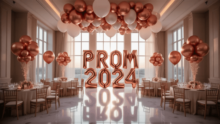 A luxurious hotel ballroom decorated for prom 2024, featuring cascading metallic rose gold and chrome silver balloon garlands, massive "PROM 2024" letter balloons at the entrance, round tables with ivory silk linens and gold-rimmed glassware, and polished marble floors reflecting twinkling fairy lights, all bathed in warm golden hour lighting.