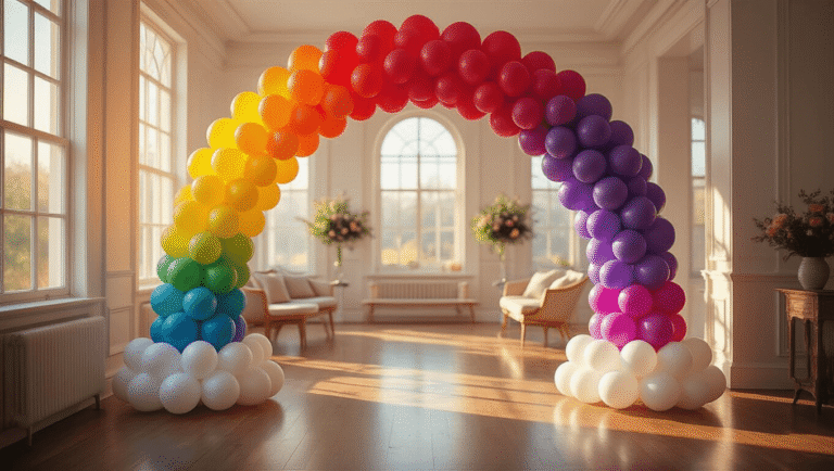 Cinematic wide shot of an elegantly transformed room with a vibrant rainbow balloon arch and golden hour lighting, featuring a polished interior, white cloud-like balloon clusters, and a warm, inviting atmosphere.