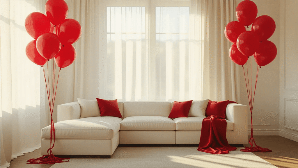 Elegant living room with clusters of glossy red latex balloons at varying heights, illuminated by soft golden hour sunlight through sheer white curtains, featuring a plush ivory sectional sofa and warm hardwood floors, with red satin ribbons and a cozy minimalist atmosphere.