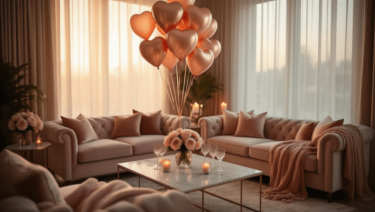 Cinematic overhead view of an elegantly decorated living room for a romantic celebration, featuring clusters of rose gold and blush pink heart balloons, warm golden hour lighting, velvet furniture, a marble coffee table with crystal glasses and fresh peonies, and inviting textures, creating an intimate atmosphere.