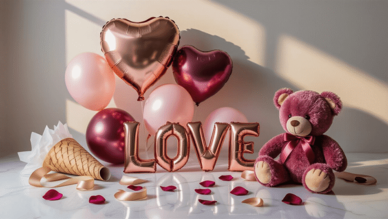 Cinematic close-up of a romantic DIY Valentine's balloon bouquet on a white marble surface, featuring rose gold heart-shaped mylar balloons, blush pink latex balloons, burgundy foil "LOVE" letters, a velvet teddy bear, tissue paper-wrapped cone, scattered rose petals, and warm golden hour lighting, all showcasing a soft color palette and inviting crafting setup.