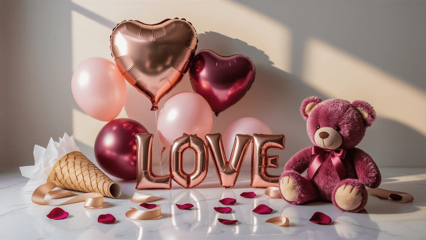 Cinematic close-up of a romantic DIY Valentine's balloon bouquet on a white marble surface, featuring rose gold heart-shaped mylar balloons, blush pink latex balloons, burgundy foil "LOVE" letters, a velvet teddy bear, tissue paper-wrapped cone, scattered rose petals, and warm golden hour lighting, all showcasing a soft color palette and inviting crafting setup.