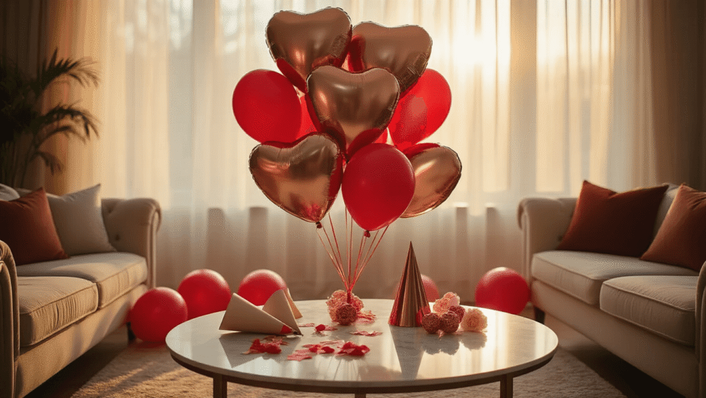 A romantic living room adorned with rose gold heart-shaped and red latex balloons, warmly lit by golden hour light, featuring a marble coffee table with DIY balloon crafting supplies, silk cushions, and hardwood floors, creating an intimate and creative atmosphere.