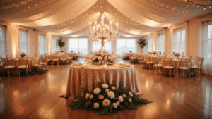 Cinematic romantic wedding reception with blush and ivory velvet tablecloths, crystal candelabras, garden rose centerpieces, and fairy lights, captured in warm golden hour lighting, creating an intimate and inviting atmosphere.