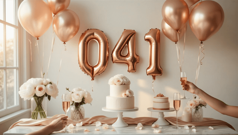 Cinematic indoor birthday photoshoot featuring oversized rose gold number balloons, elegant blush-toned table linens, crystal vases with white peonies, a tiered ivory-fondant cake, and scattered rose petals, all illuminated by warm golden hour light against a soft white wall, creating an intimate celebratory atmosphere.