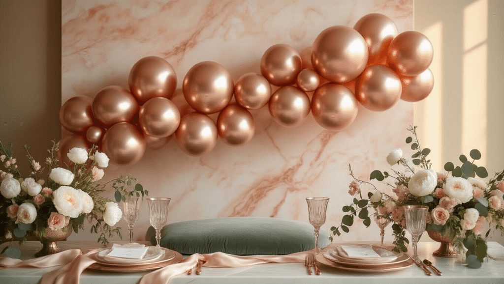 An elegant celebration setup featuring shimmering rose gold chrome balloons in a garland against a soft blush marble backdrop, adorned with white peonies, eucalyptus, and crystal glassware, all illuminated by warm golden hour lighting and complemented by sage green velvet cushions and flowing champagne-toned silk ribbons.