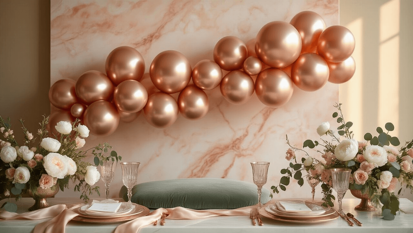 An elegant celebration setup featuring shimmering rose gold chrome balloons in a garland against a soft blush marble backdrop, adorned with white peonies, eucalyptus, and crystal glassware, all illuminated by warm golden hour lighting and complemented by sage green velvet cushions and flowing champagne-toned silk ribbons.