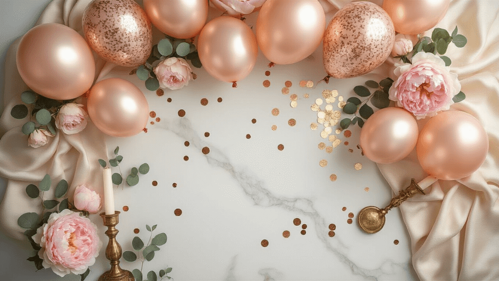 Cinematic overhead view of an elegant birthday balloon arrangement on a white marble countertop, featuring rose gold and metallic gold balloons, blush pink peonies, eucalyptus sprigs, and scattered gold confetti, enhanced by warm golden hour lighting and styled with vintage brass candlesticks and cream silk fabric, creating a luxurious and celebratory atmosphere.