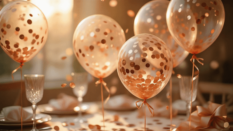 Close-up of transparent confetti balloons filled with rose gold metallic pieces, shimmering in warm golden hour light, with a soft-focus elegant party setup in the background.