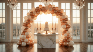 Anniversary Balloon Decorations That'll Make Your Celebration Pop (Without Popping Your Budget) Elegant anniversary celebration with a rose gold and cream balloon arch, marble dessert table, and warm golden hour sunlight, featuring polished hardwood floors, crystal chandeliers, and sophisticated décor.