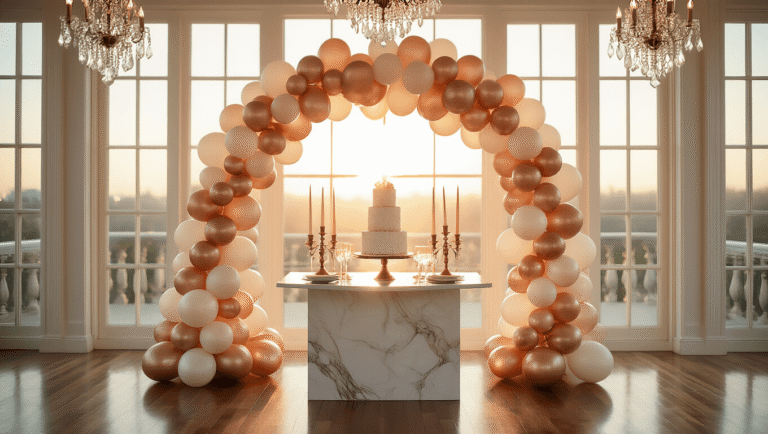 Elegant anniversary celebration with a rose gold and cream balloon arch, marble dessert table, and warm golden hour sunlight, featuring polished hardwood floors, crystal chandeliers, and sophisticated décor.