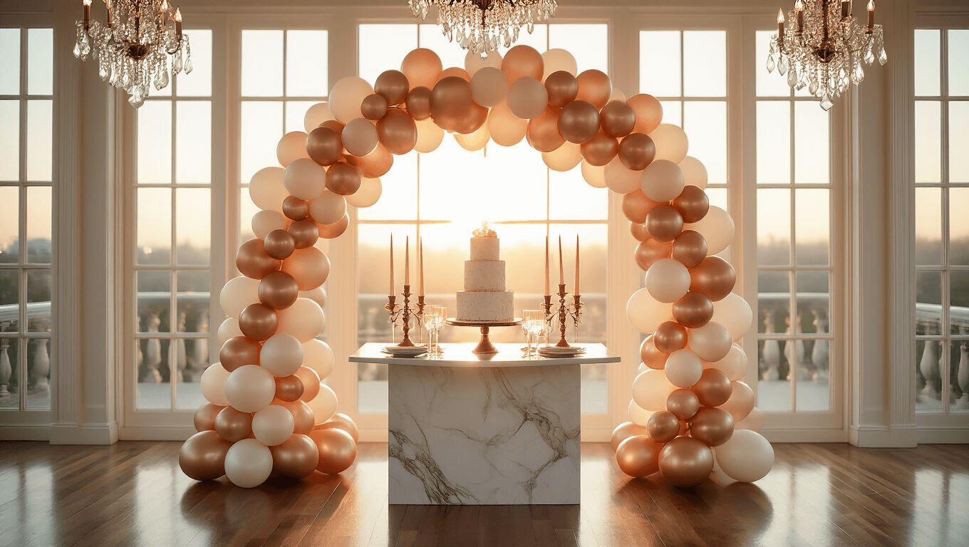Elegant anniversary celebration with a rose gold and cream balloon arch, marble dessert table, and warm golden hour sunlight, featuring polished hardwood floors, crystal chandeliers, and sophisticated décor.
