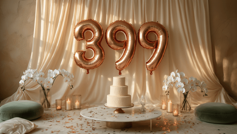 Cinematic overhead shot of a luxurious party setup with large rose gold foil number balloons, a cream silk backdrop, a marble coffee table featuring a vanilla cake, velvet cushions, white orchid centerpieces in crystal vases, scattered confetti, and flickering pillar candles, all illuminated by warm golden hour lighting.