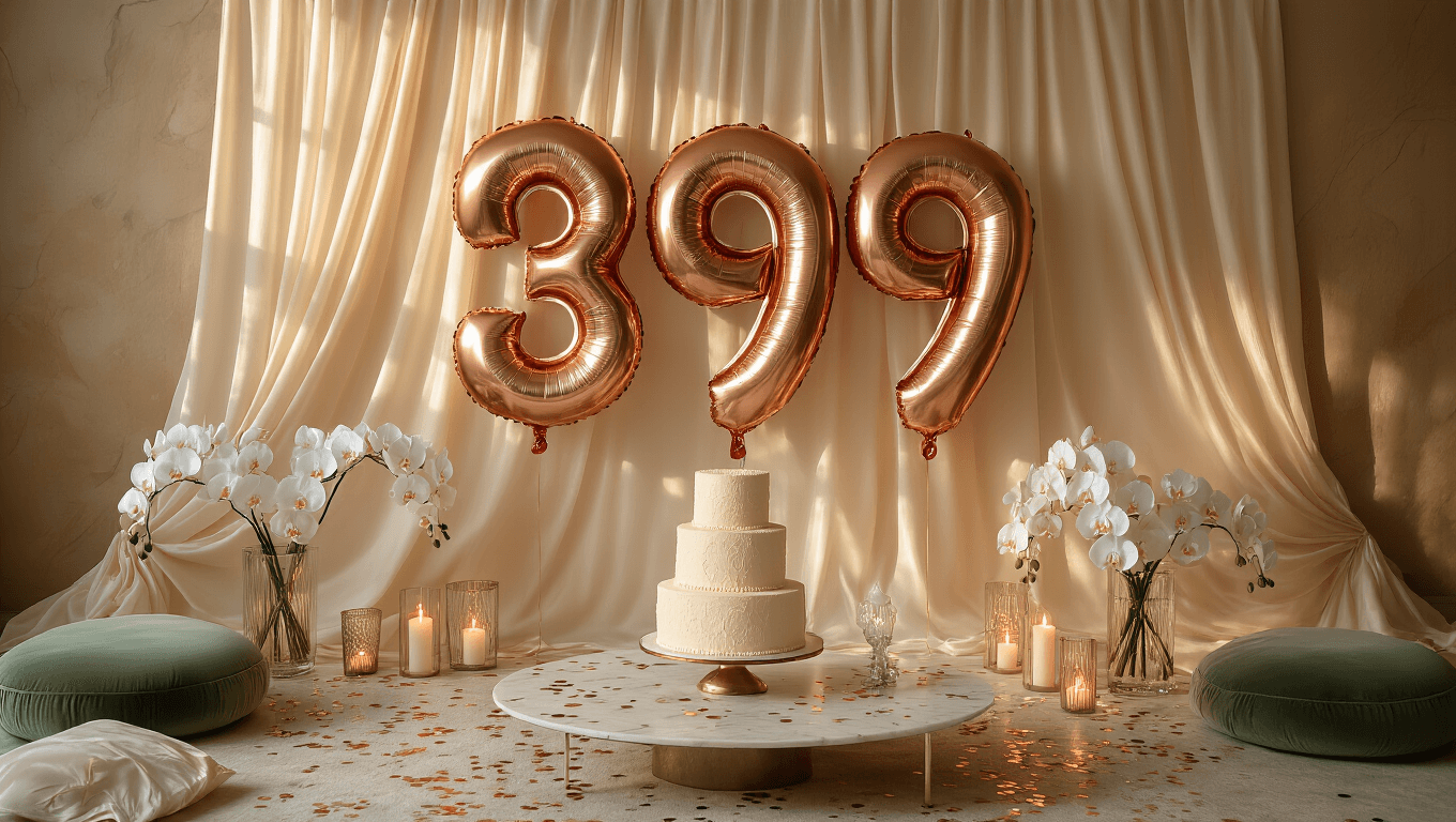 Cinematic overhead shot of a luxurious party setup with large rose gold foil number balloons, a cream silk backdrop, a marble coffee table featuring a vanilla cake, velvet cushions, white orchid centerpieces in crystal vases, scattered confetti, and flickering pillar candles, all illuminated by warm golden hour lighting.