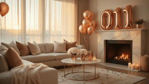 16-Inch Number Balloons: The Tiny Party Heroes That Pack a Punch Cozy modern apartment living room at golden hour, featuring rose gold number balloons on a cream marble fireplace mantle, soft sunlight, silk throw pillows, plush area rug, delicate latex balloons, coffee table with white peonies, warm candlelight, and metallic confetti.