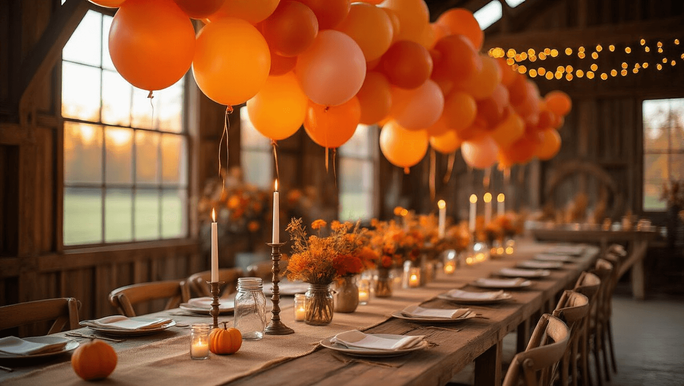 Cinematic wide shot of a rustic barn interior during golden hour, adorned with flowing orange balloon garlands, warm amber string lights, burlap table runners, and vintage brass candles, creating an inviting autumn celebration atmosphere.