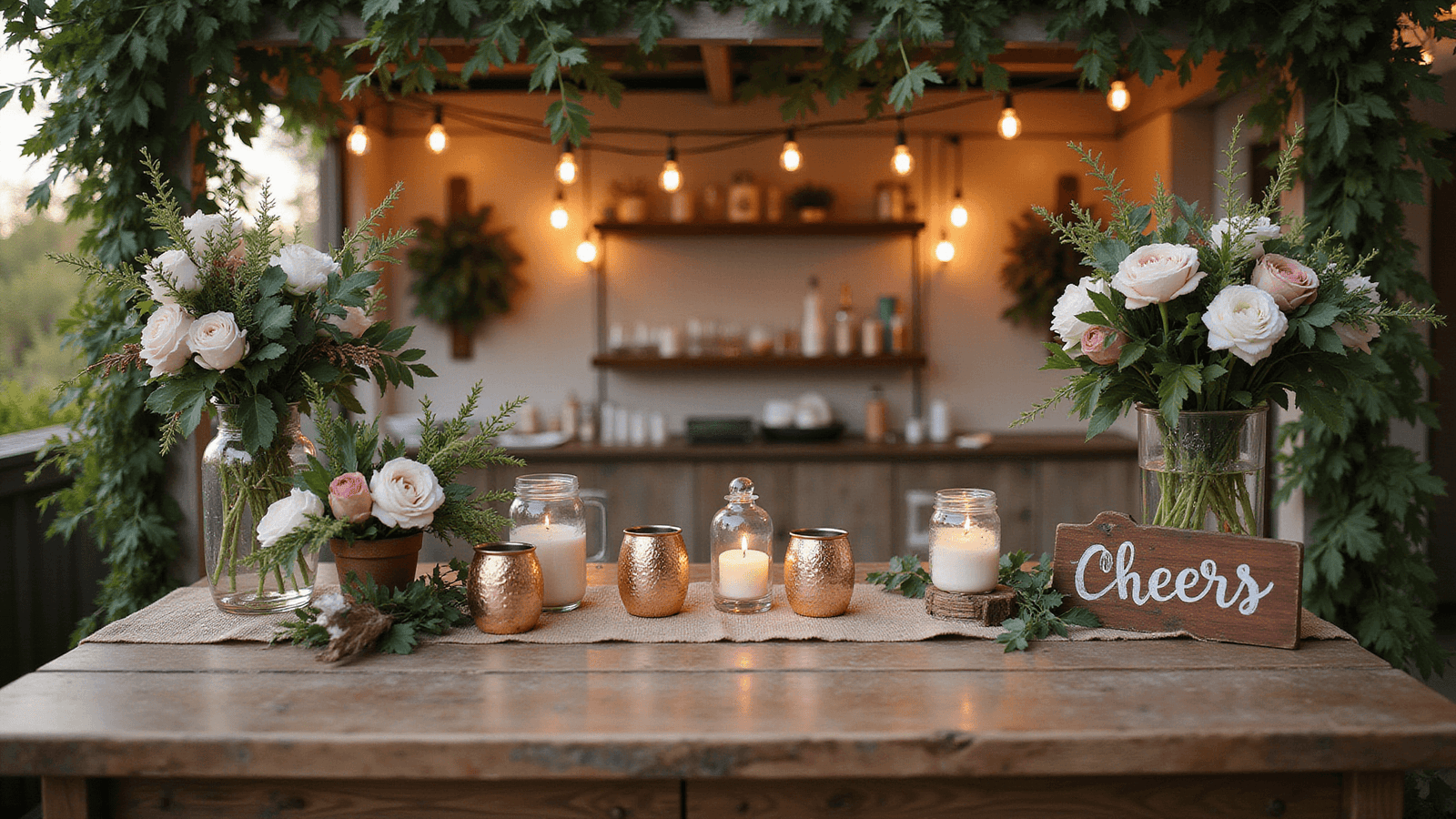 Cinematic wide-angle shot of a rustic wedding bar with reclaimed wood, wildflowers, greenery, copper mugs, and string lights, bathed in warm golden hour sunlight.