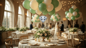 Cinematic view of an elegant engagement party in a ballroom, featuring sage green latex balloons, a diamond ring foil balloon centerpiece, and ivory silk-draped tables adorned with eucalyptus garlands and crystal glassware, set in warm natural lighting with guests mingling in the background.