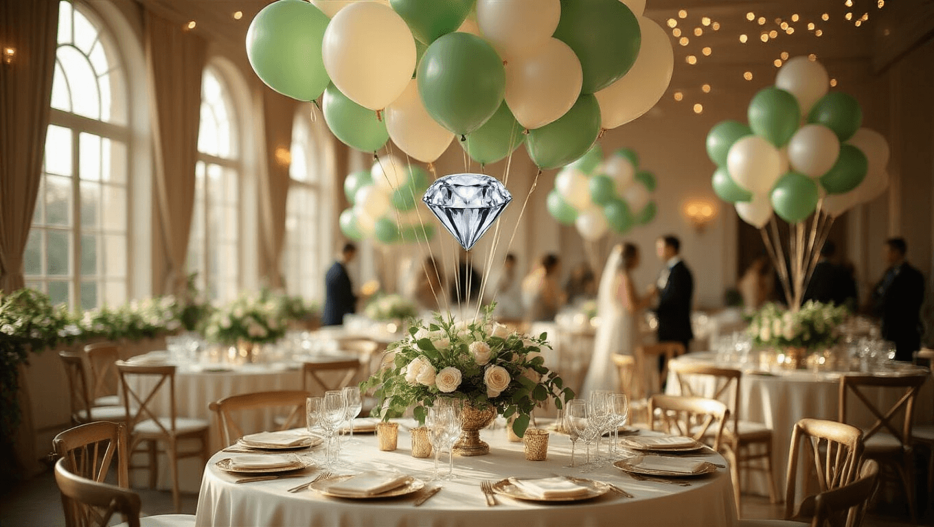 Cinematic view of an elegant engagement party in a ballroom, featuring sage green latex balloons, a diamond ring foil balloon centerpiece, and ivory silk-draped tables adorned with eucalyptus garlands and crystal glassware, set in warm natural lighting with guests mingling in the background.