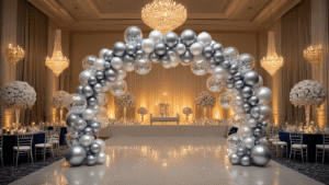 Elegant ballroom decorated with a 15-foot silver balloon garland arch, chrome metallic confetti, and various-sized balloons, accompanied by low silver balloon topiaries on ivory silk tables. The polished marble floors reflect warm candlelight from crystal chandeliers, emphasizing luxurious navy velvet runners and creating a sophisticated ambiance at golden hour.