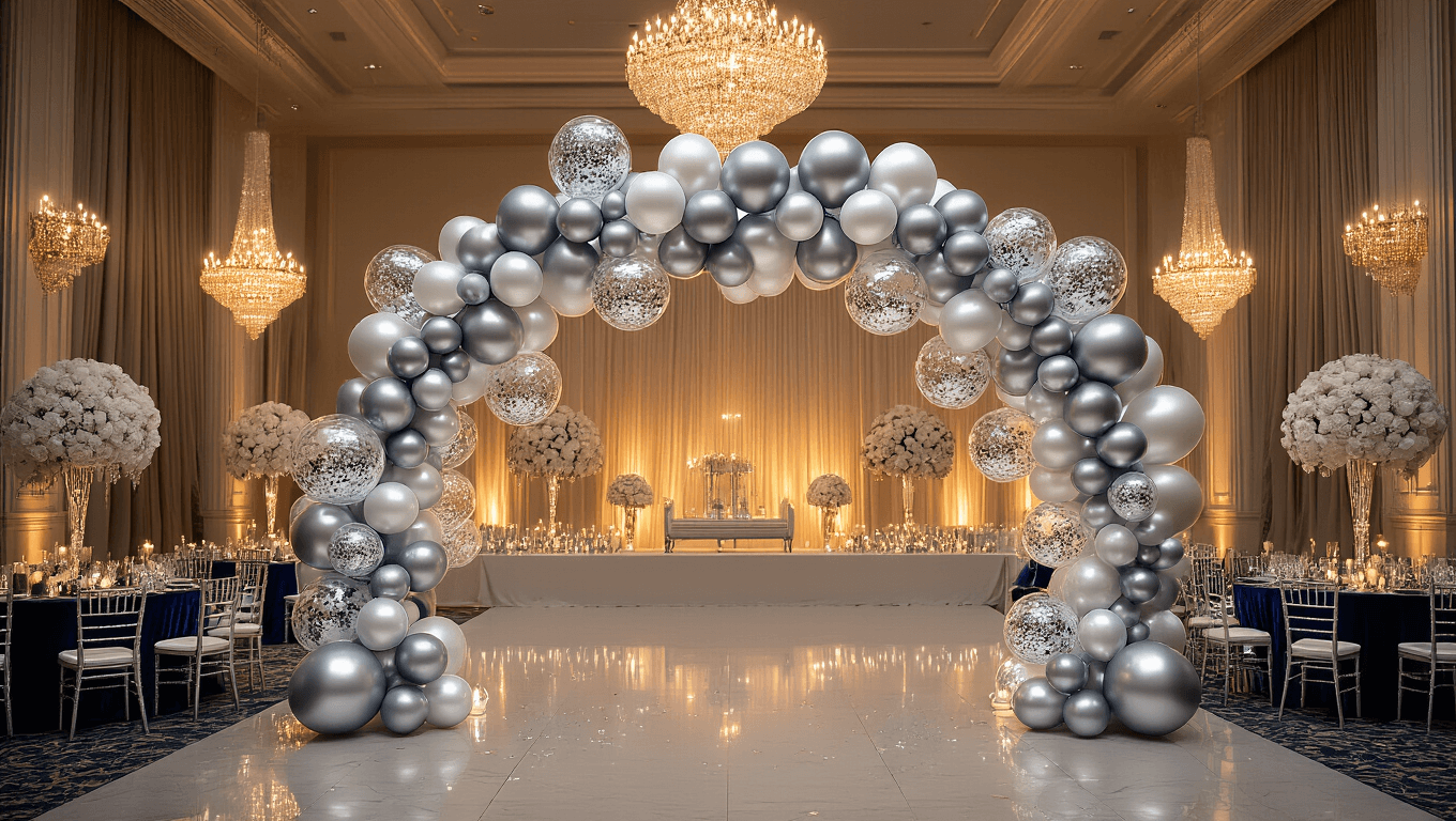 Elegant ballroom decorated with a 15-foot silver balloon garland arch, chrome metallic confetti, and various-sized balloons, accompanied by low silver balloon topiaries on ivory silk tables. The polished marble floors reflect warm candlelight from crystal chandeliers, emphasizing luxurious navy velvet runners and creating a sophisticated ambiance at golden hour.