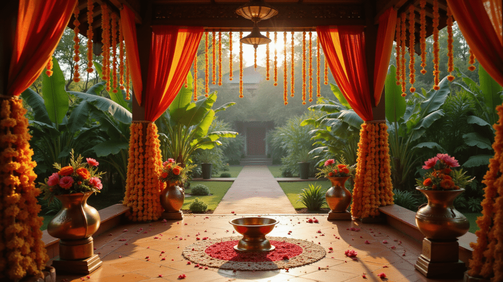 Cinematic overhead shot of a vibrant South Indian wedding mandapam in a tropical garden, featuring silk drapes, marigold garlands, brass lamps, and intricate kolam patterns, all illuminated by warm golden hour light.
