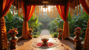 Cinematic overhead shot of a vibrant South Indian wedding mandapam in a tropical garden, featuring silk drapes, marigold garlands, brass lamps, and intricate kolam patterns, all illuminated by warm golden hour light.