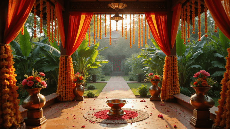 Cinematic overhead shot of a vibrant South Indian wedding mandapam in a tropical garden, featuring silk drapes, marigold garlands, brass lamps, and intricate kolam patterns, all illuminated by warm golden hour light.