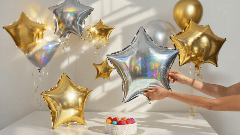 Cinematic wide-angle shot of elegant star-shaped foil balloons in metallic gold and silver, arranged at varying heights against a clean white backdrop, with dramatic side lighting and close-up details of hands positioning a large holographic star balloon.