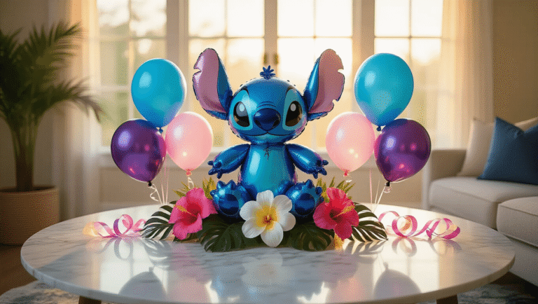 Elegant marble coffee table adorned with a large blue foil Stitch balloon centerpiece, surrounded by balloons in ocean blues, purples, pinks, and whites, accented with curling silk ribbons and tropical flowers, all illuminated by soft golden hour sunlight in a cozy living room.